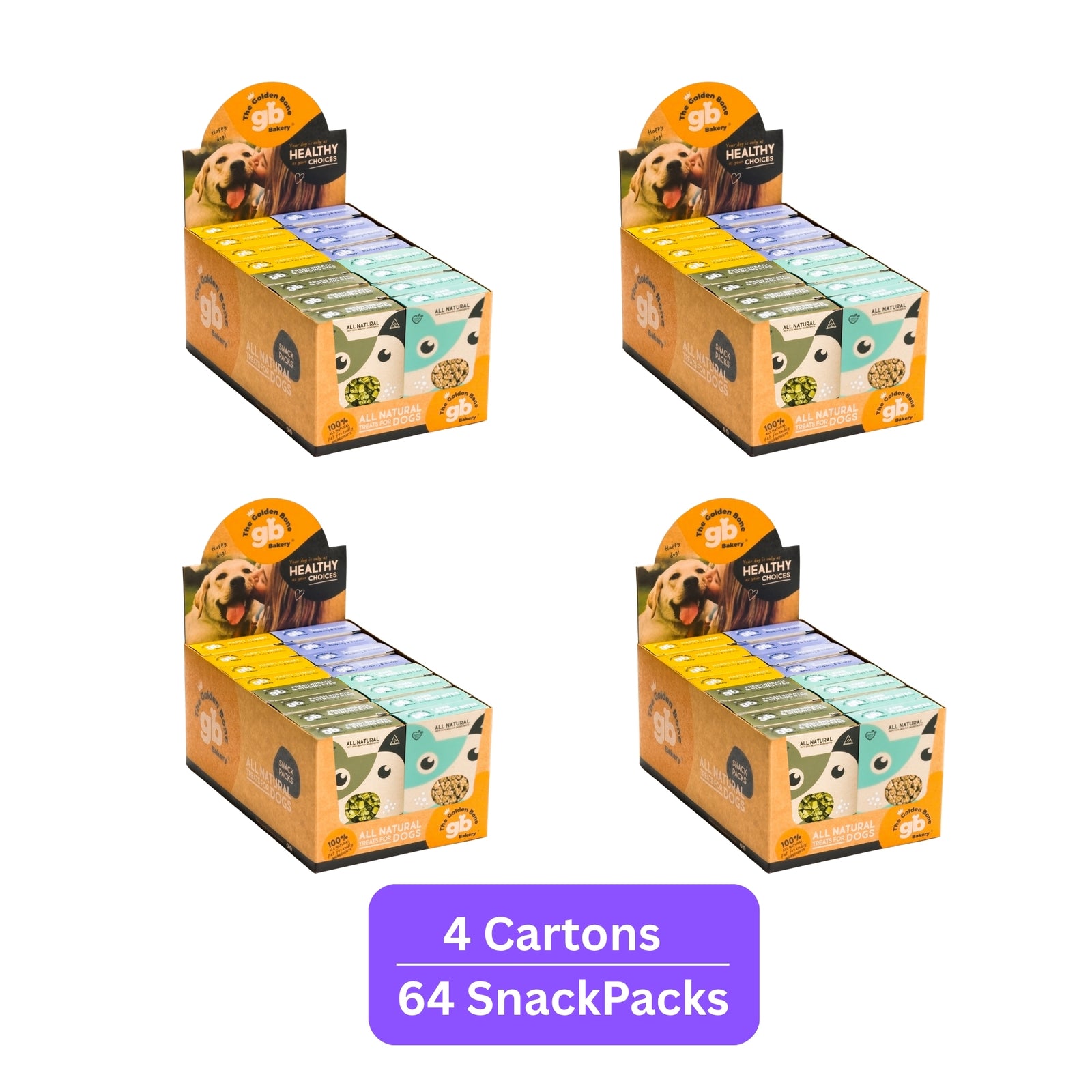 Four point-of-sale cartons of 4 Flavour Selection dog treat SnackPacks by The Golden Bone Bakery, 16 x 40g packs per carton.