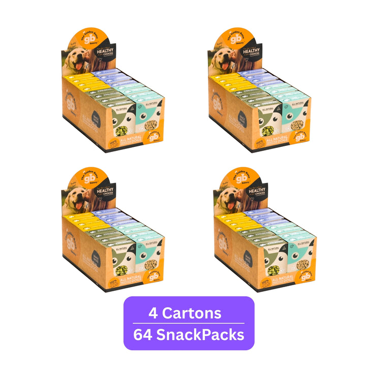 Four point-of-sale cartons of 4 Flavour Selection dog treat SnackPacks by The Golden Bone Bakery, 16 x 40g packs per carton.