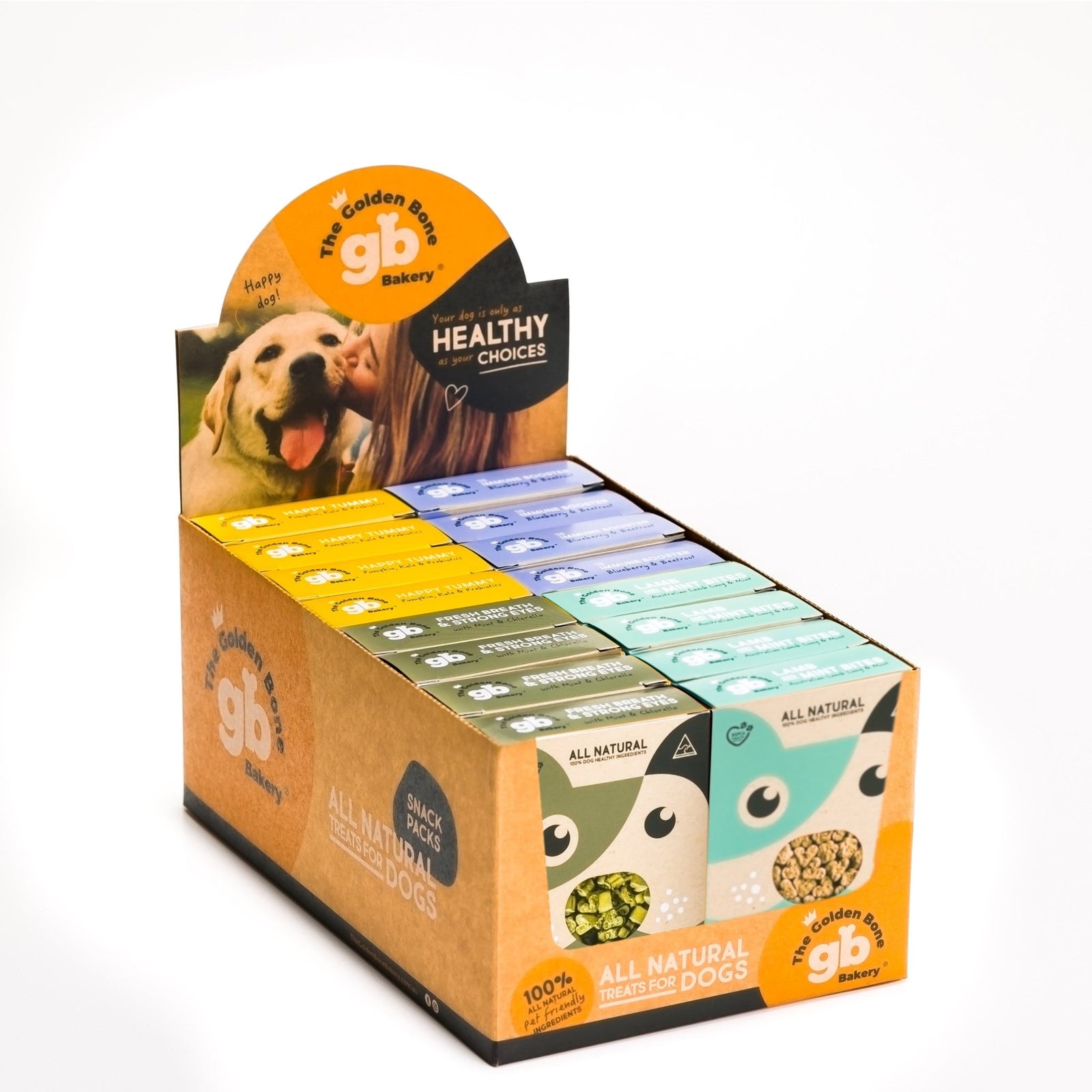 One point-of-sale cartons of 4 Flavour Selection dog treat SnackPacks by The Golden Bone Bakery, 16 x 40g packs per carton.