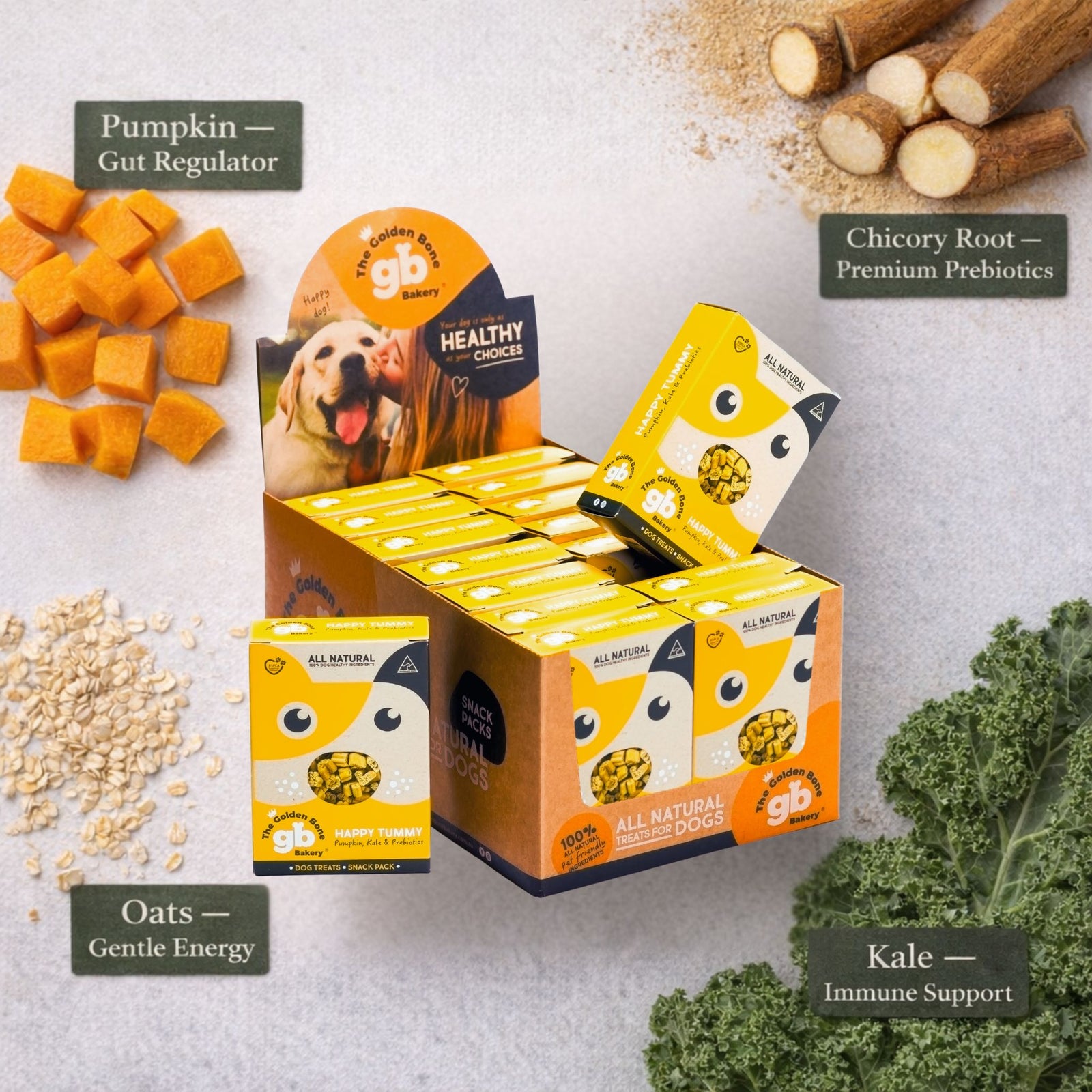 The Golden Bone Bakery Happy Tummy dog treats with ingredient benefits pumpkin gut regulator kale immune support oats gentle energy chicory root premium prebiotics