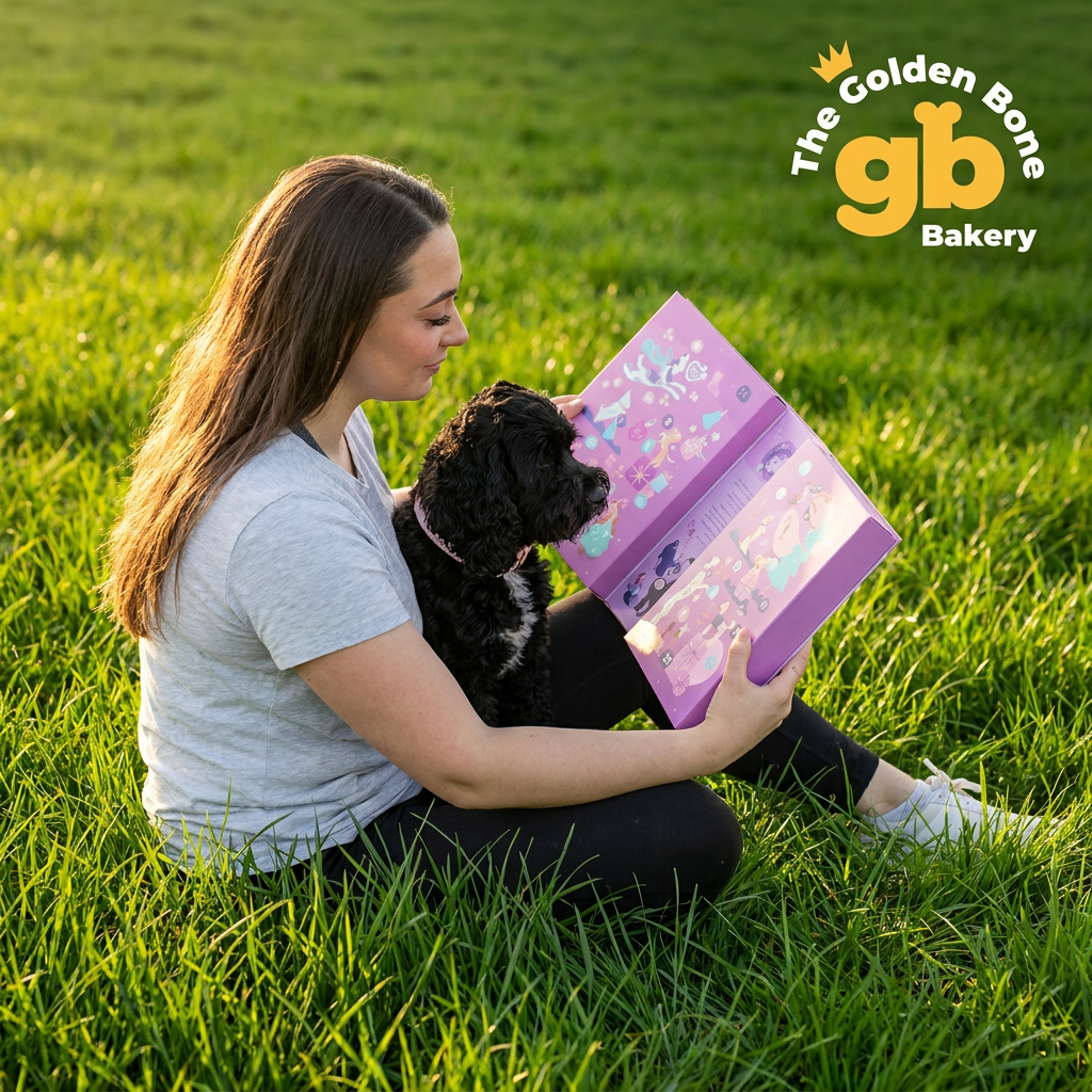 Woman and black dog reading the pink storybook-style large dog advent calendar by The Golden Bone Bakery on green grass.