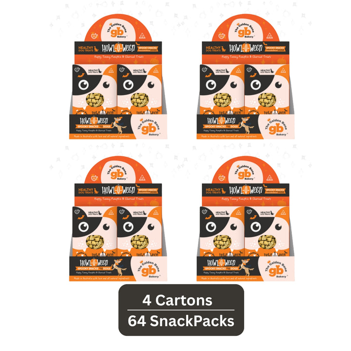 Four point-of-sale cartons of Howl-o-ween Halloween dog treat SnackPacks by The Golden Bone Bakery, 16 x 40g packs per carton.