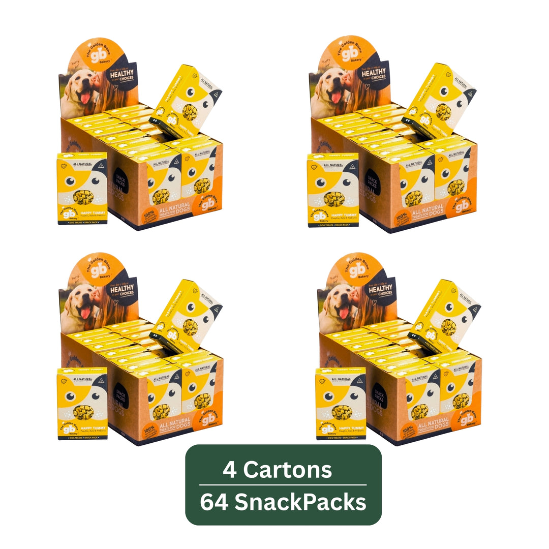 Four point-of-sale cartons of Happy Tummy dog treat SnackPacks by The Golden Bone Bakery, 16 x 40g packs per carton.