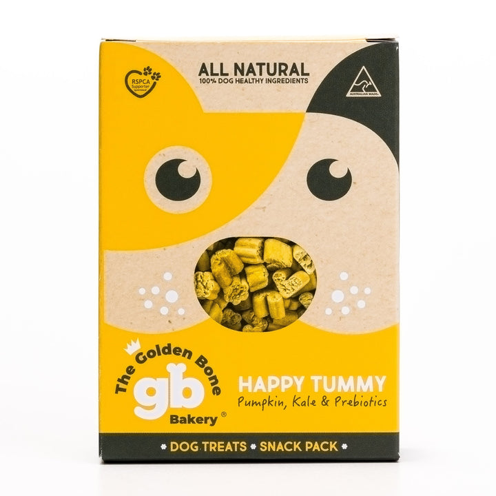 Happy Tummy dog treats SnackPack 40g by The Golden Bone Bakery with pumpkin, kale and prebiotics for digestive health.