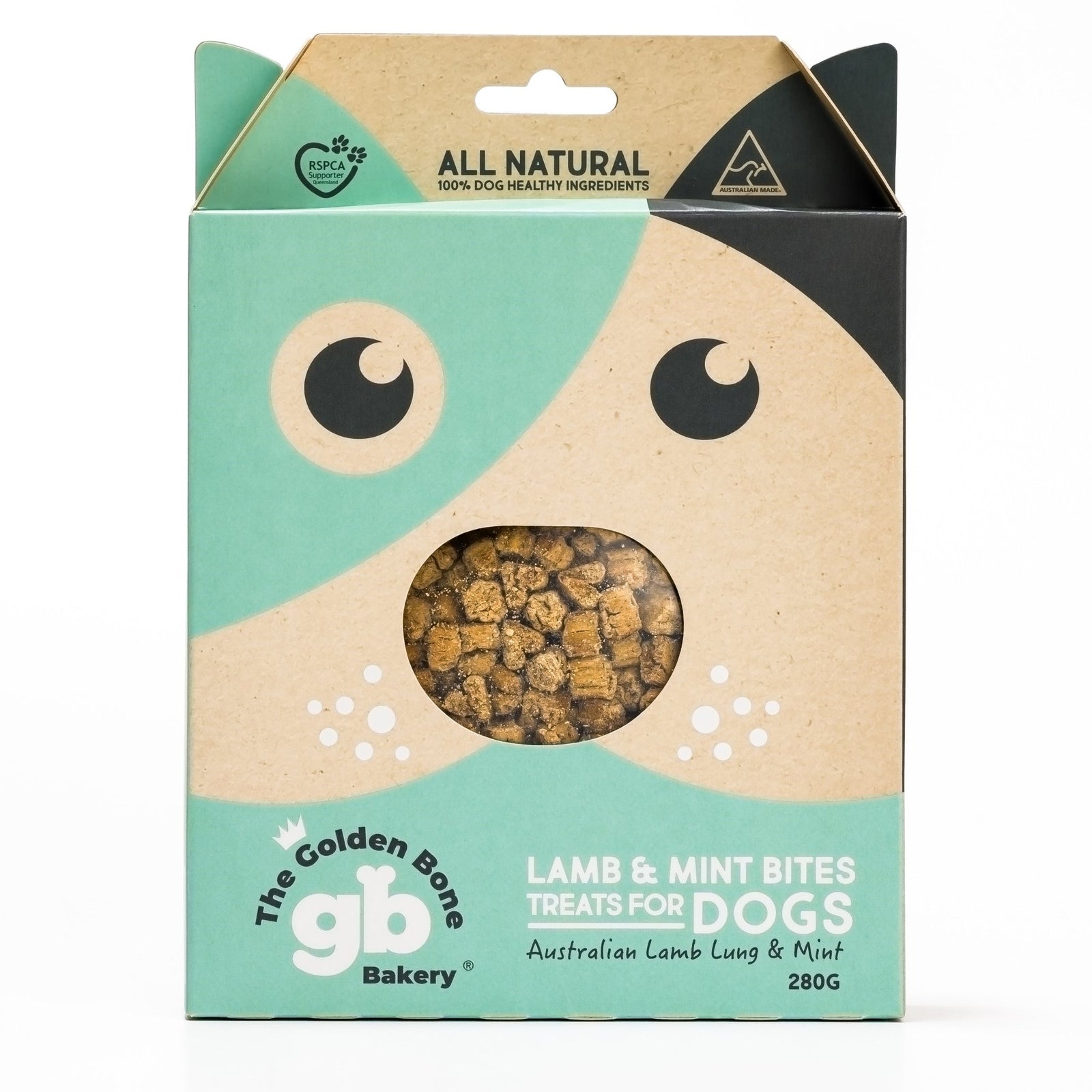 The Golden Bone Bakery Lamb and Mint Bites dog treats 280g Australian lamb lung and mint box front view on white background