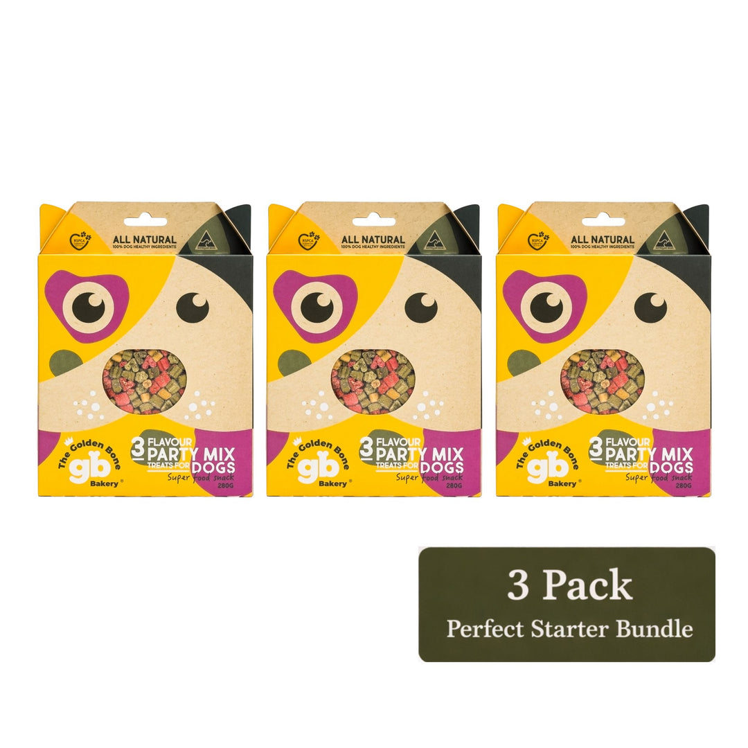 The Golden Bone Bakery 3 Flavour Party Mix vegan superfood dog treats 3 pack bundle 840g perfect starter bundle Australian made