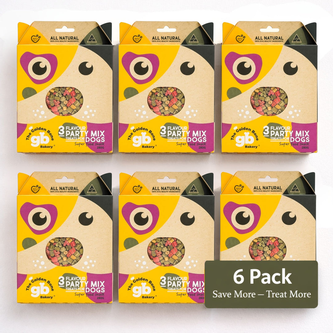 The Golden Bone Bakery 3 Flavour Party Mix vegan superfood dog treats 6 pack bundle 1680g save more treat more Australian made