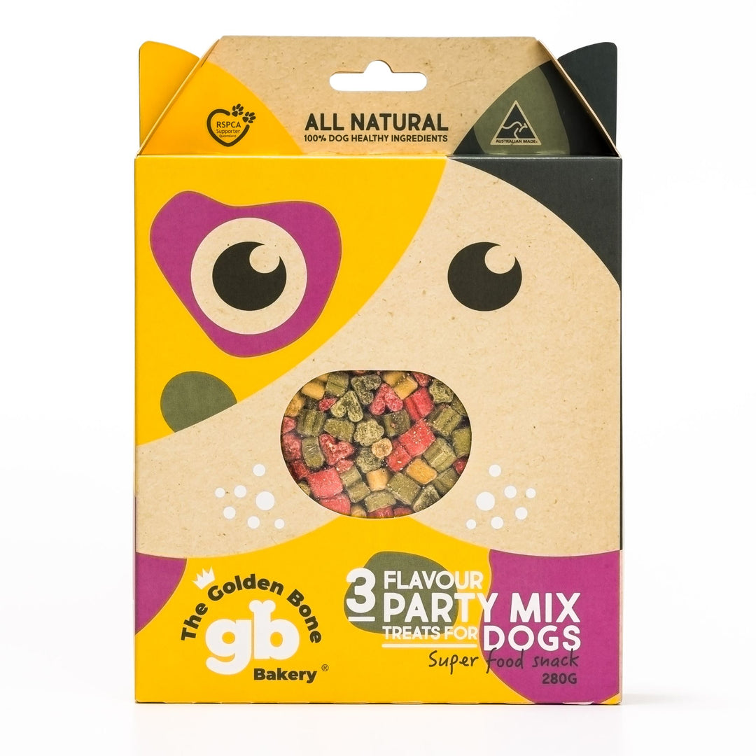 The Golden Bone Bakery 3 Flavour Party Mix dog treats 280g box front view on white background