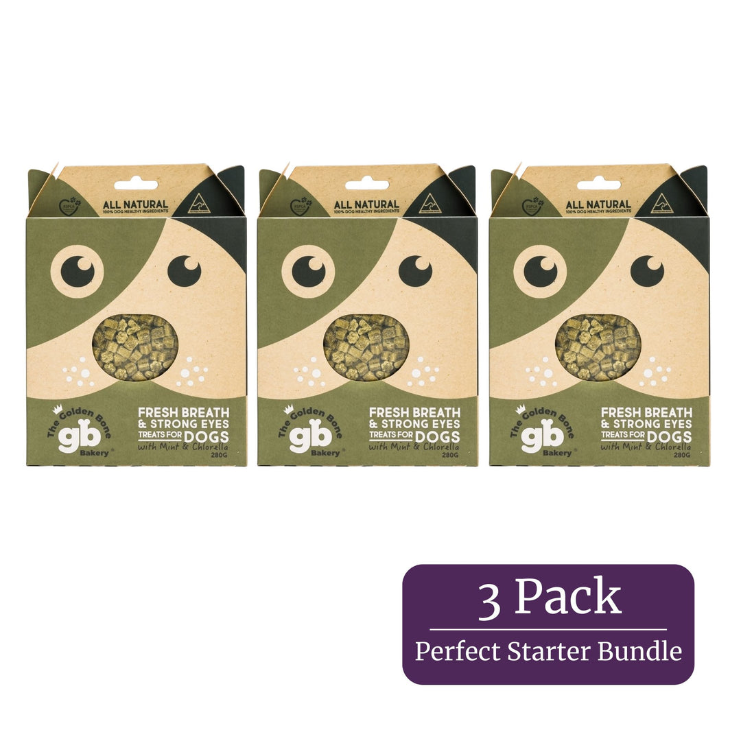 The Golden Bone Bakery Fresh Breath and Strong Eyes mint and chlorella vegan dog treats 3 pack bundle 840g perfect starter bundle Australian made