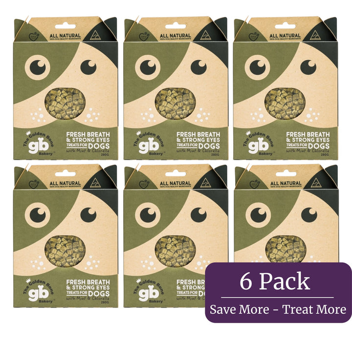 The Golden Bone Bakery Fresh Breath and Strong Eyes mint and chlorella vegan dog treats 6 pack bundle 1680g save more treat more Australian made