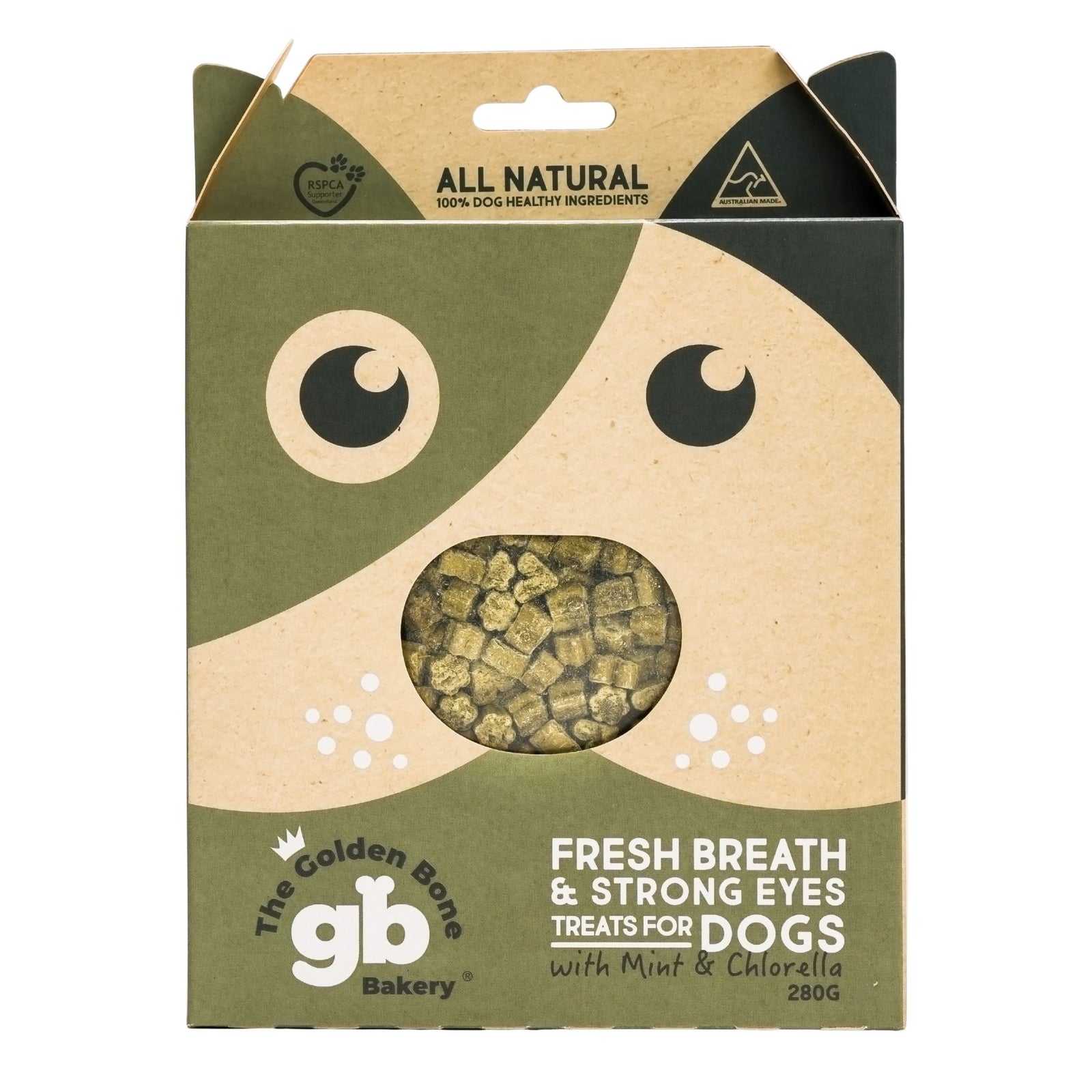 The Golden Bone Bakery Fresh Breath and Strong Eyes dog treats 280g with mint and chlorella box front view on white background