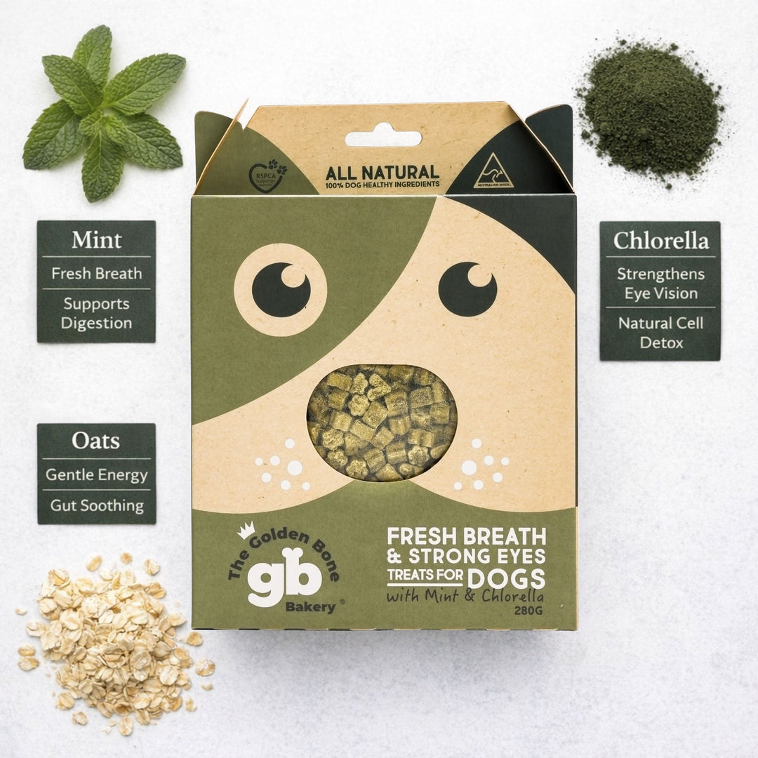 The Golden Bone Bakery Fresh Breath and Strong Eyes dog treats with ingredient benefits mint fresh breath supports digestion chlorella strengthens eye vision natural cell detox oats gentle energy gut soothing