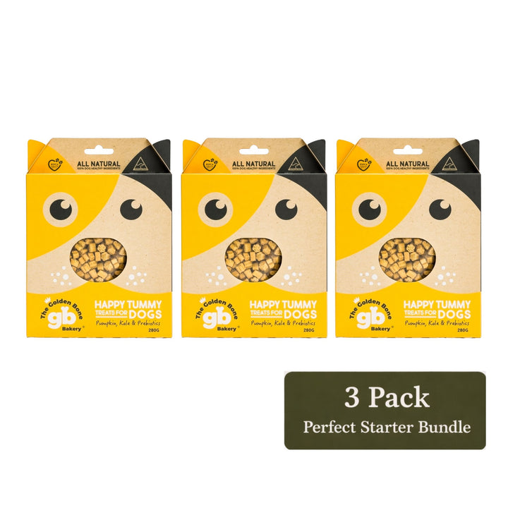 The Golden Bone Bakery Happy Tummy vegan superfood dog treats 3 pack bundle 840g perfect starter bundle Australian made