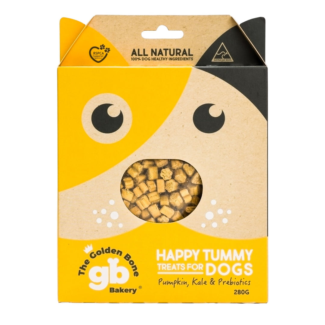 The Golden Bone Bakery Happy Tummy dog treats 280g box front view on white background
