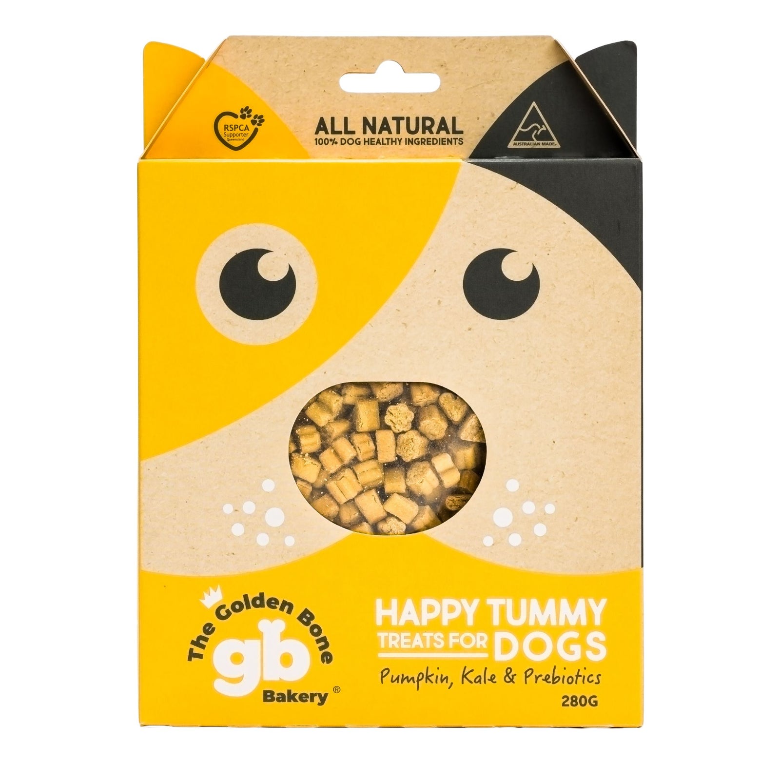 The Golden Bone Bakery Happy Tummy dog treats 280g box front view on white background