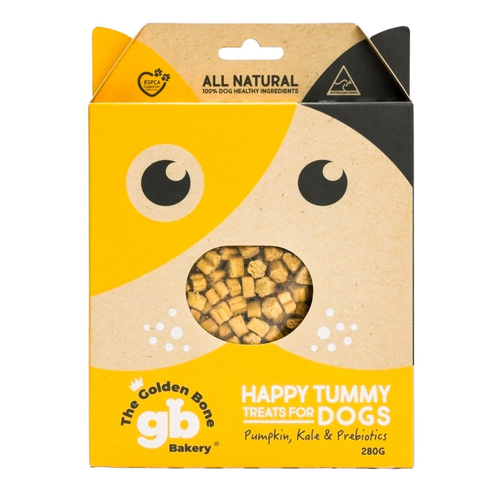 The Golden Bone Bakery Happy Tummy dog treats 280g box front view on white background