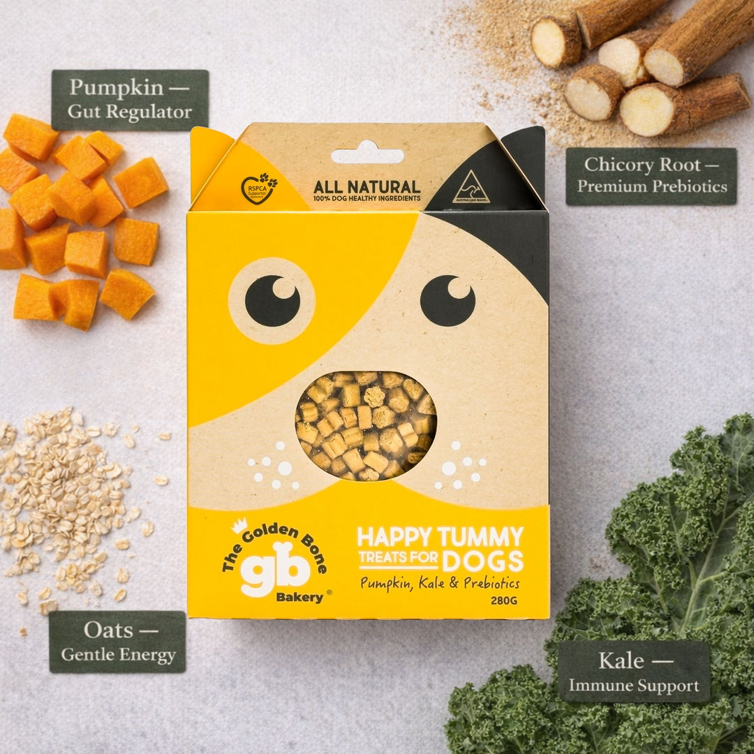 The Golden Bone Bakery Happy Tummy dog treats with ingredient benefits pumpkin gut regulator kale immune support oats gentle energy chicory root premium prebiotics