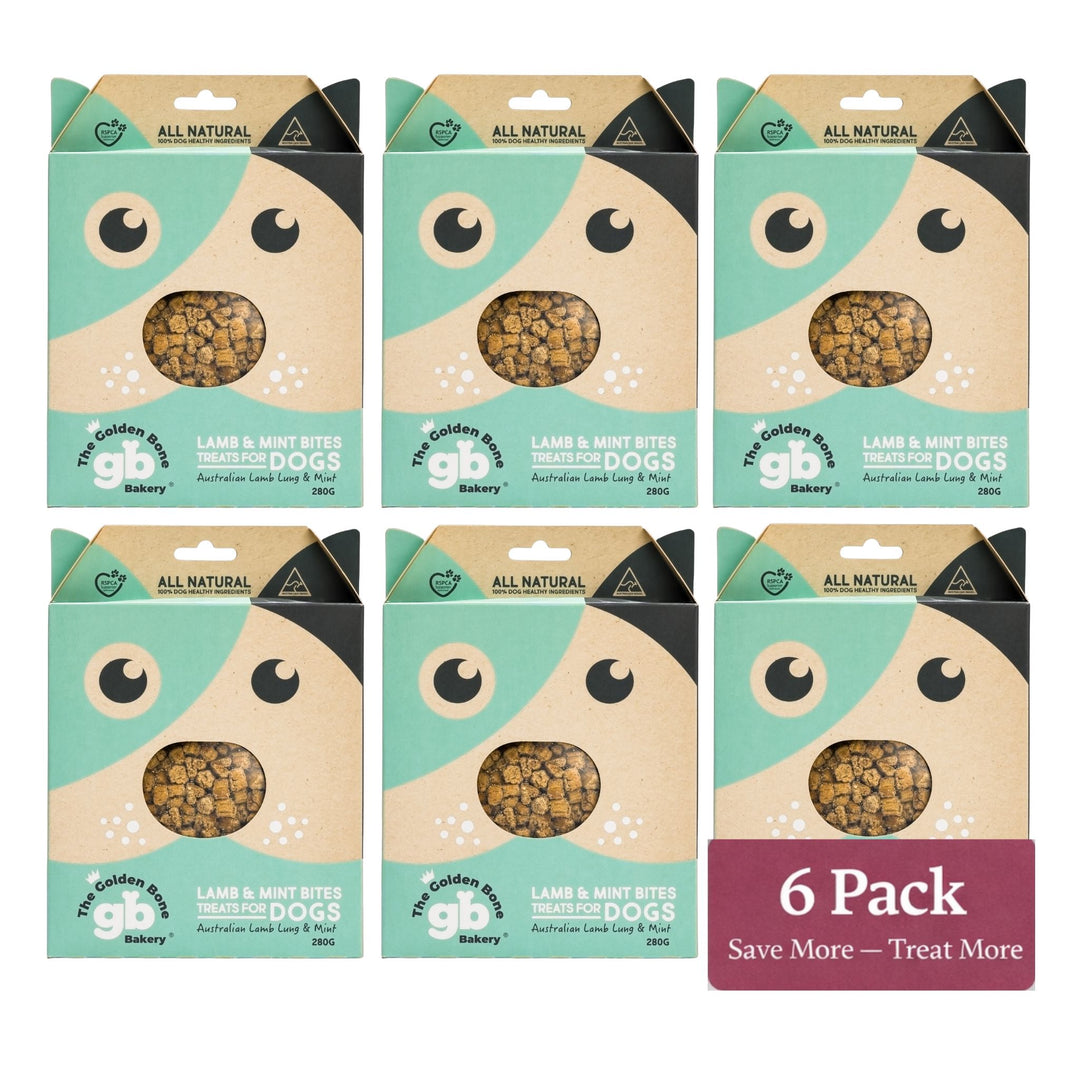 The Golden Bone Bakery Lamb and Mint Bites Australian lamb dog treats 6 pack bundle 1680g save more treat more Australian made