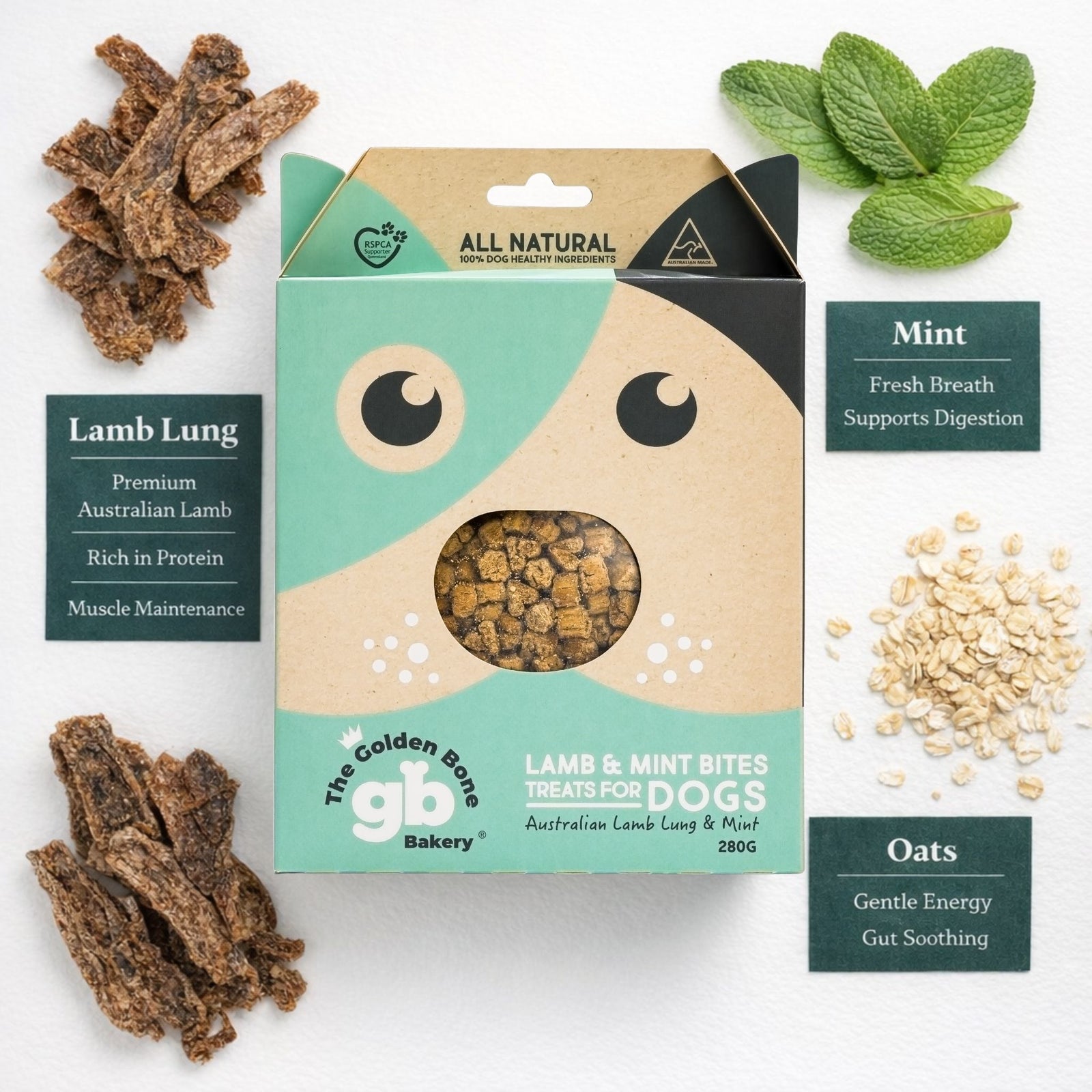 The Golden Bone Bakery Lamb and Mint Bites dog treats with ingredient benefits lamb lung premium Australian lamb rich in protein muscle maintenance mint fresh breath supports digestion oats gentle energy gut soothing
