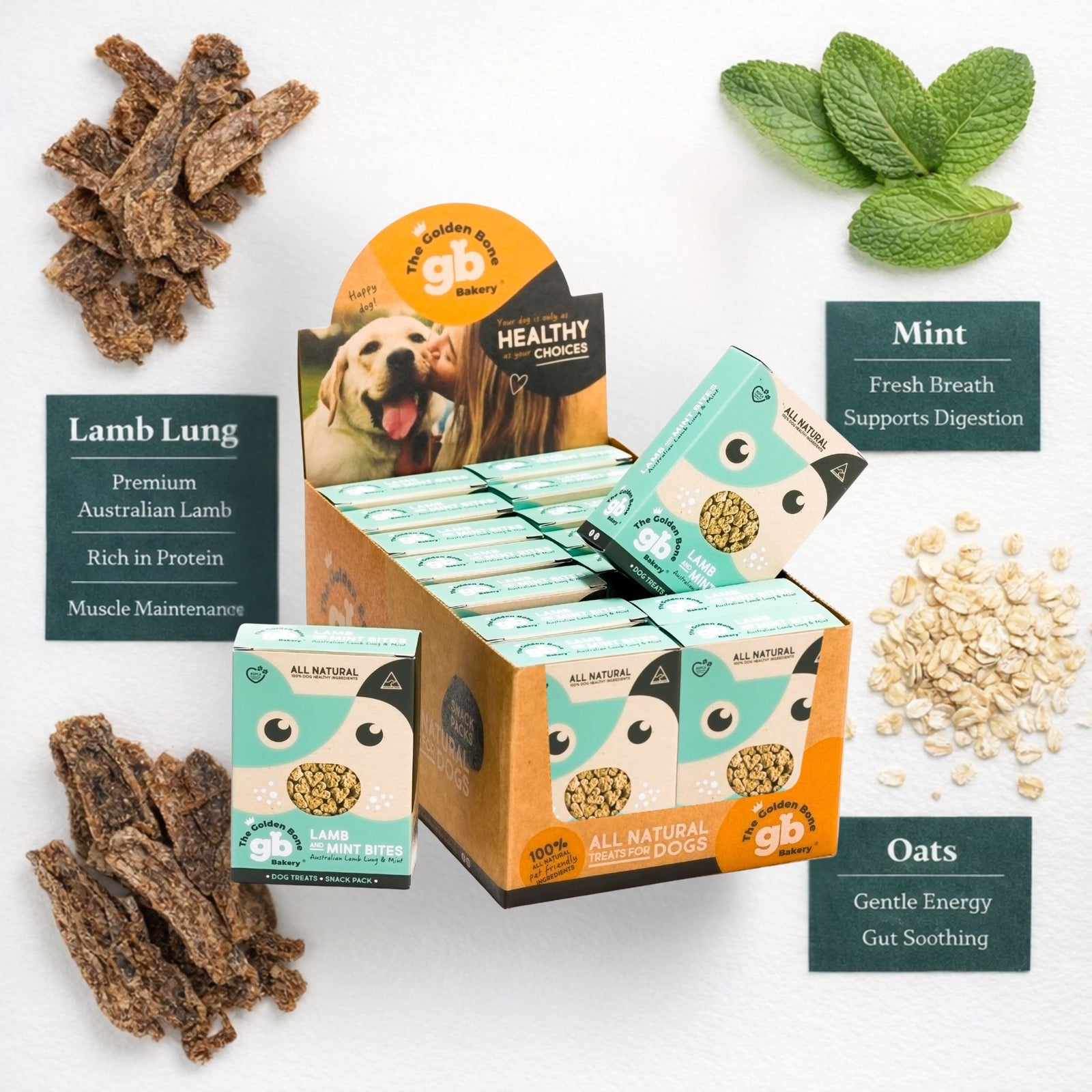 The Golden Bone Bakery Lamb and Mint Bites dog treats with ingredient benefits lamb lung premium Australian lamb rich in protein muscle maintenance mint fresh breath supports digestion oats gentle energy gut soothing